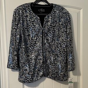 Alex Evenings Women's Sequin Blazer - Black and Silver Animal Print